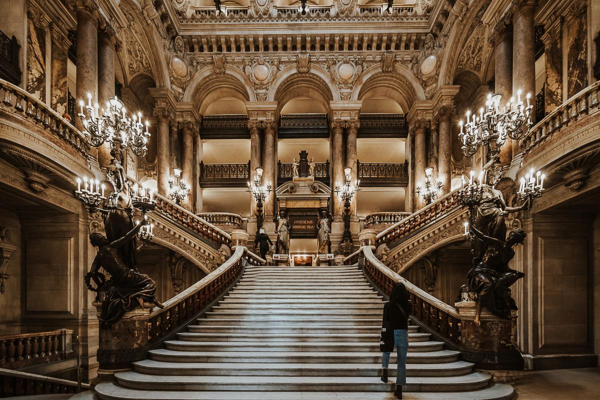 The gilded grand staircase of the Palais Garnier