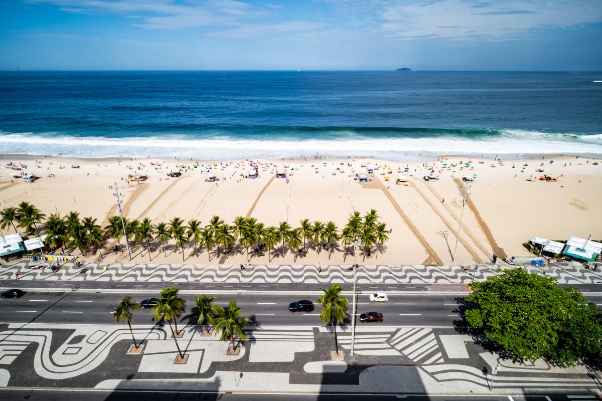 Vista aérea da praia e da orla de Copacabana, Rio de Janeiro